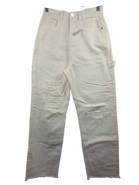 The Kript White Distressed Straight Leg Jeans High Rise Raw Hem Cotton Size S